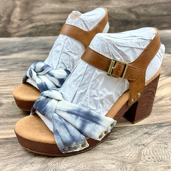 NIB Korks Kork Ease Natalia 7M Knot Clog Sandal Tan Blue Denim PU Tie Dye Combo - Picture 4 of 11